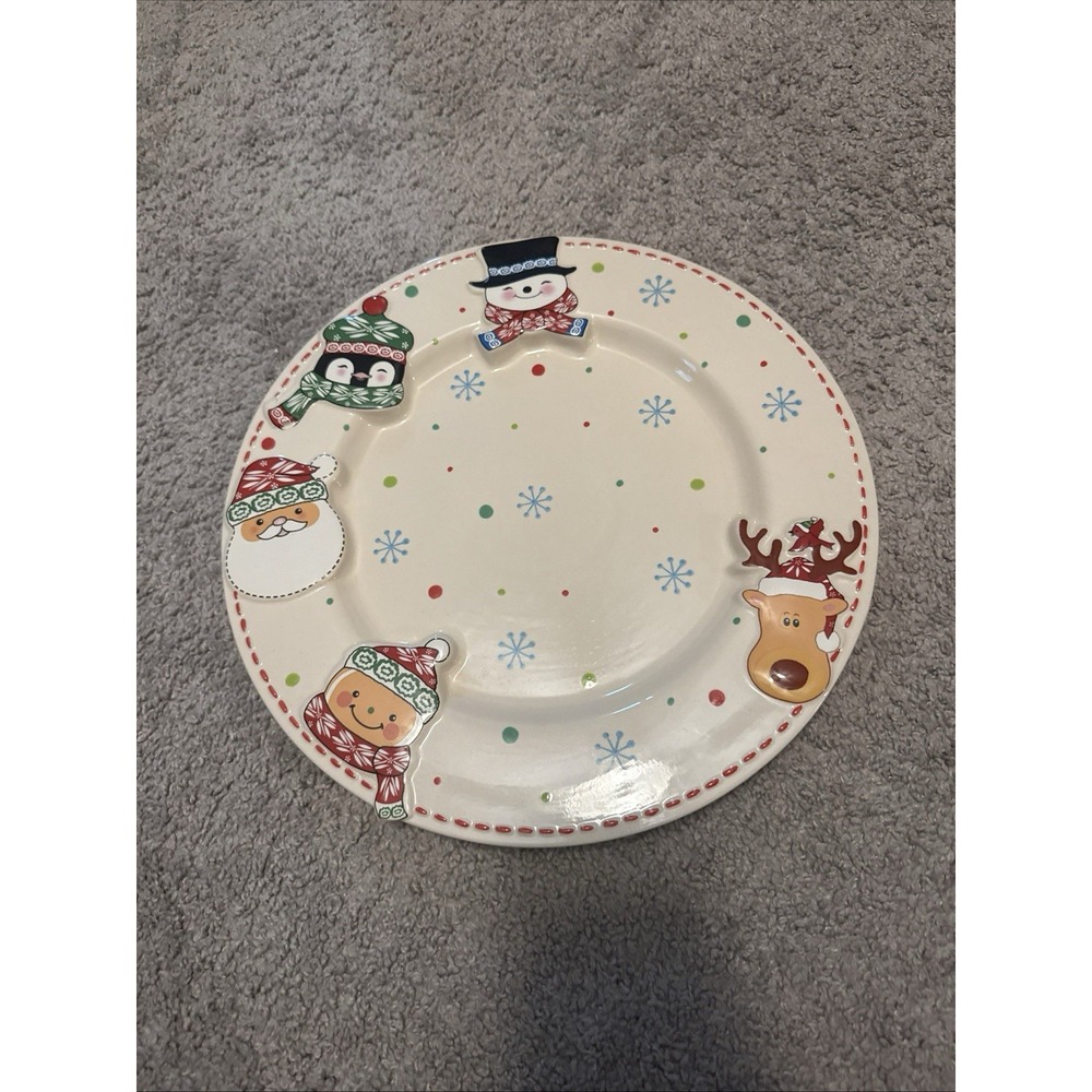 Temptations by Tara Winter Whimsy Christmas Platter 13" Snowman Reindeer Santa